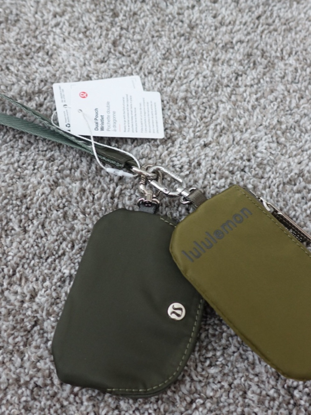Lululemon Dual Pouch Wristlet Keychain Bag NWT Olive Green Zip Pouch